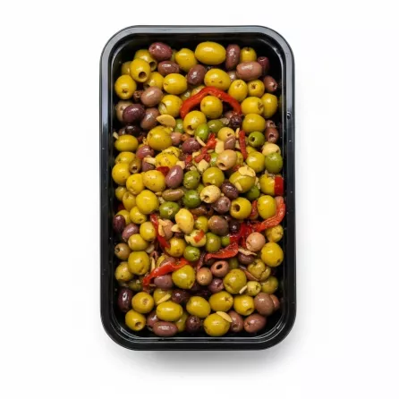 mixed marinated green and purple olives with red pepper slices in a black container