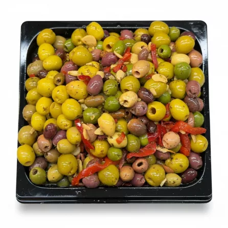 close up of mixed marinated olives with red pepper and herb seasoning