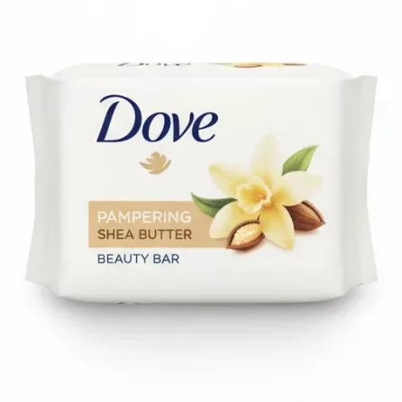 Dove Pampering Shea Butter Beauty Bar pack showing 2 bars with vanilla flower