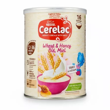 Nestle Cerelac Wheat & Honey infant cereal tin with bowl and milk illustration