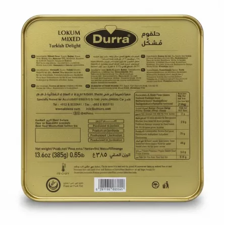 Back view of Durra Mixed Turkish Delight tin showing ingredients and info