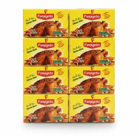 Pack of Faragello chicken stock cubes with bright yellow packaging showing roasted chicken image