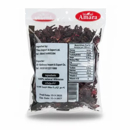 back of packaged Amara dried hibiscus showing nutritional facts and ingredients