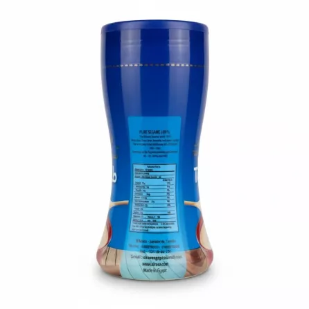 Back view of Elraee tahini showing ingredients and nutritional information