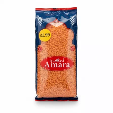Front view of Amara red lentils package