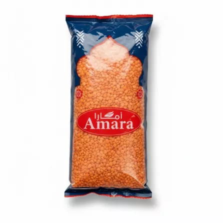 Top-down view of Amara red lentils in resealable bag