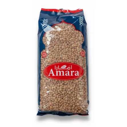 Pack of Amara brown lentils in clear plastic packaging with blue and red design