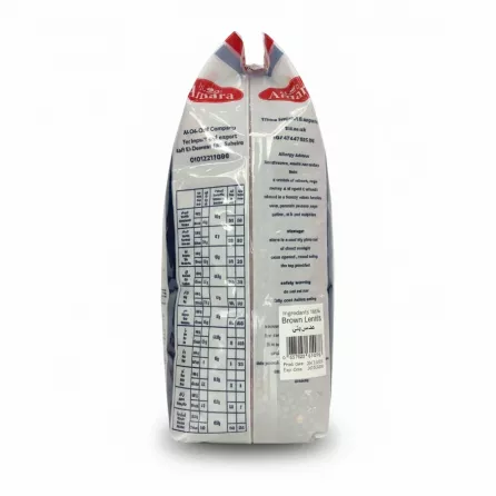 Back side of Amara brown lentils pack showing nutritional info and barcode