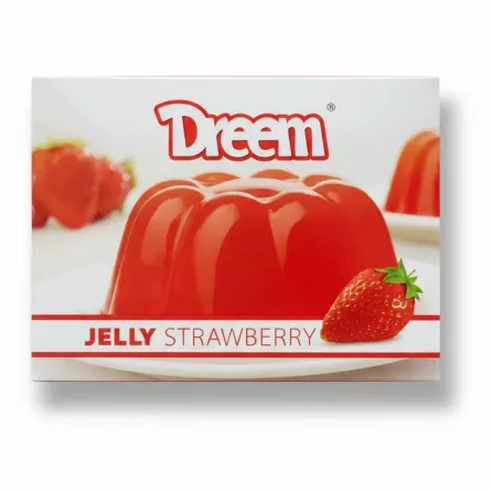 Dreem strawberry jelly box featuring a red jelly on a white plate with fresh strawberry illustration
