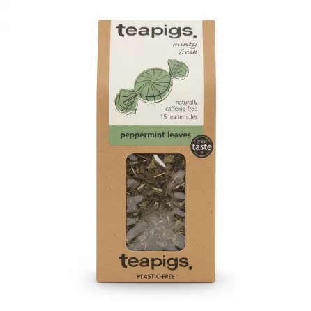 Front view of Teapigs peppermint leaves tea box with visible tea temples
