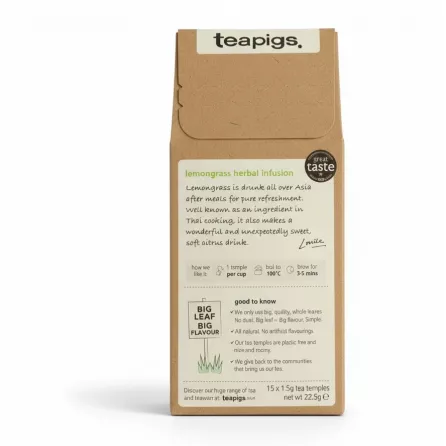 Back of teapigs Pure Lemongrass Herbal Tea box showing brewing instructions and product information