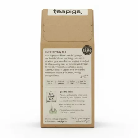teapigs Everyday Brew English Breakfast Tea box back showing product details and brewing instructions