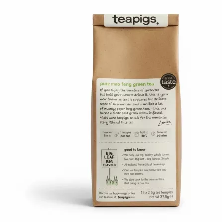 Teapigs Pure Mao Feng Green Tea package back view with brewing instructions