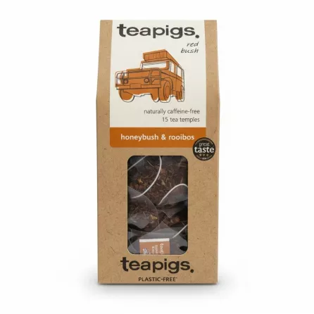 Teapigs Honeybush and Rooibos Infusion tea box showing plastic-free tea temples inside