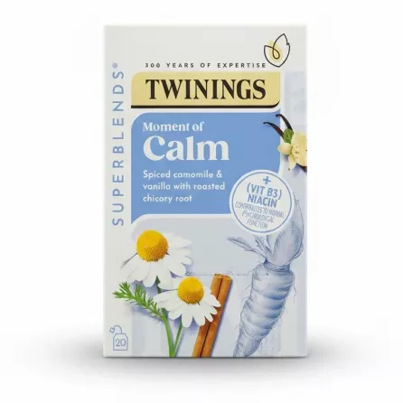 Front view of Twinings Moment of Calm Herbal Tea box with blue and white design