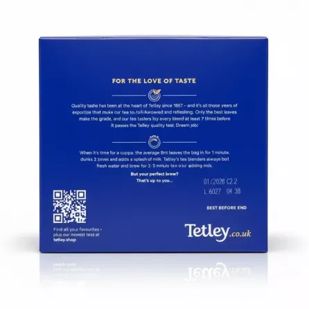 Back of Tetley Original Black Tea box showing product information