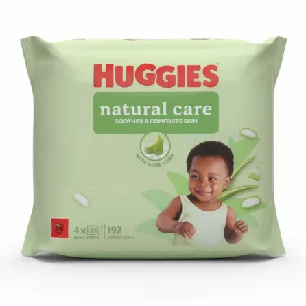 Pack of Huggies Natural Care Baby Wipes with aloe vera and baby image