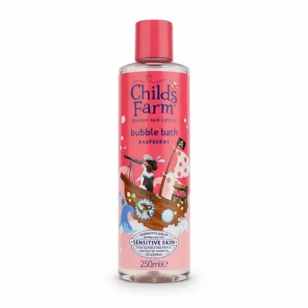 Childs Farm raspberry bubble bath bottle front label showing design and branding