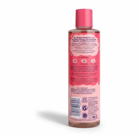 Childs Farm raspberry bubble bath bottle back label with ingredients and usage instructions