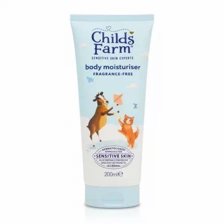 Tube of Childs Farm Fragrance-Free Body Moisturiser with animal illustrations
