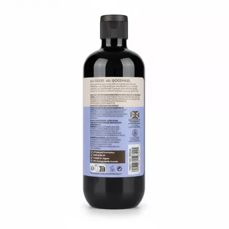 Back label of Baylis & Harding Goodness bubble bath showing product information and ingredients