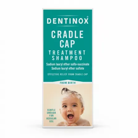 Dentinox Cradle Cap Treatment Shampoo front packaging with smiling baby image