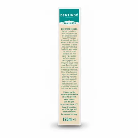 Side of Dentinox shampoo box showing usage directions and instructions