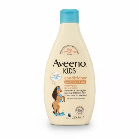 Aveeno Kids Conditioner bottle front with blue cap and horse graphic