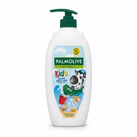 Palmolive Naturals Kids Shower Gel with pump dispenser and colourful zebra illustration on front label