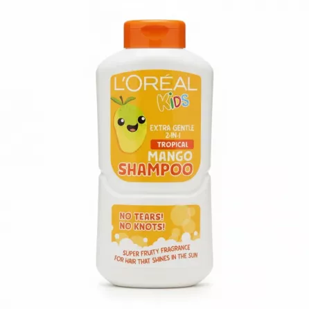 Bottle of L'Oréal Kids Tropical Mango Shampoo with orange cap and playful mango illustration