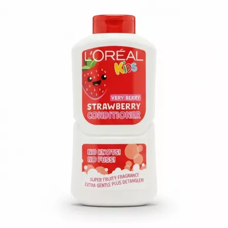 Bottle of L'Oréal Kids Very Berry Strawberry Conditioner in white plastic with red label and cap