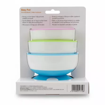 Back view of the Munchkin Stay Put suction bowls packaging details and barcode