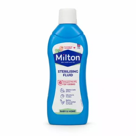 Milton blue bottle of sterilising fluid front view