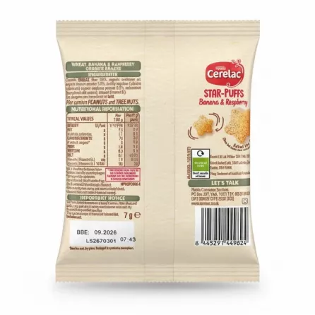 Nestlé Cerelac Star-Puffs Banana & Raspberry pack back with ingredients and nutritional info