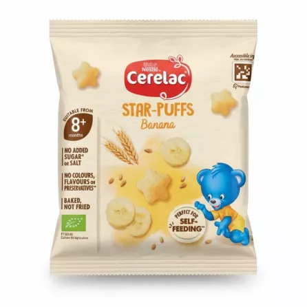 Nestlé Cerelac Star-Puffs Banana baby snack pack showing front design with star-shaped puffs and banana slices