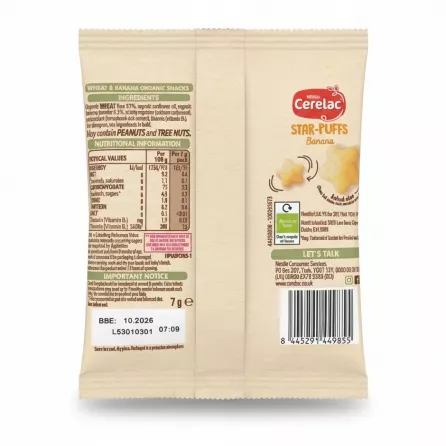 Back of Nestlé Cerelac Star-Puffs Banana pack displaying ingredients and nutritional information