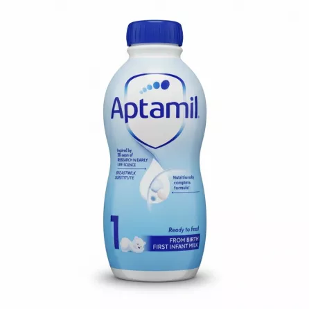 Aptamil First Infant Milk bottle front view with blue cap
