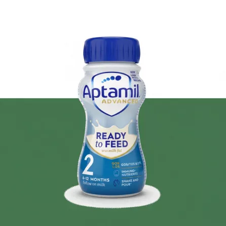 Aptamil Advanced Ready to Feed Stage 2 infant formula bottle held in hand