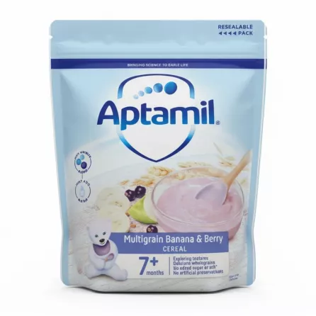 Aptamil Multigrain Banana & Berry Baby Cereal pouch front