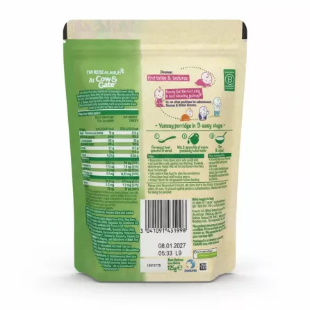 Cow & Gate Banana Porridge packaging back with nutritional info