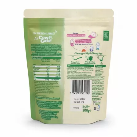 Cow & Gate Banana Wholegrain Porridge back packaging with nutrition and preparation instructions
