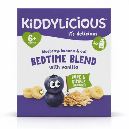 Kiddylicious Bedtime Blend blueberry banana oat vanilla flavour front box