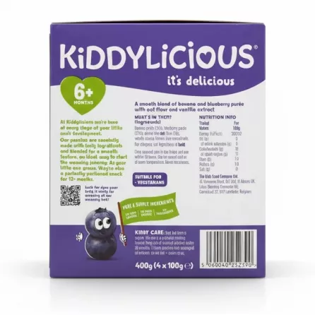 Kiddylicious Bedtime Blend blueberry banana oat vanilla flavour box back with ingredients and nutrition