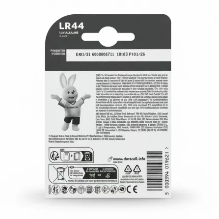 Back of Duracell LR44 battery pack with usage and recycling information