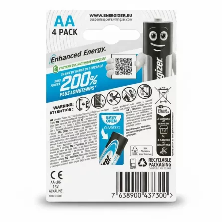 Back view of Energizer Max Plus AA 4 pack packaging with product info and barcode