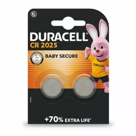 Duracell CR2025 lithium coin battery pack with two batteries and baby secure bitter coating