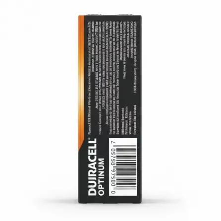 Back packaging of Duracell Optimum AAA batteries with product information and barcode
