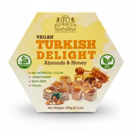 Rochefleur Vegan Turkish Delight Almonds & Honey hexagonal pack, front view