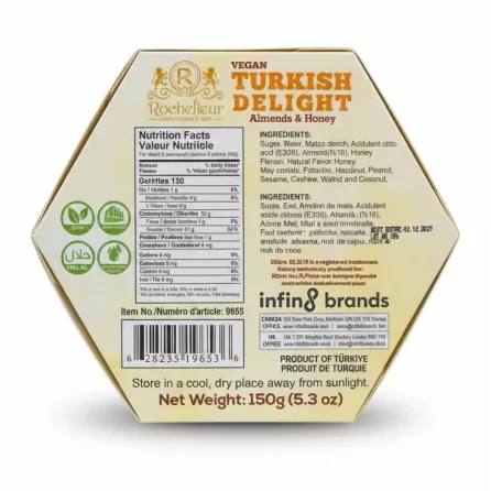 Back side of Rochefleur Turkish Delight packaging showing ingredients and nutritional facts
