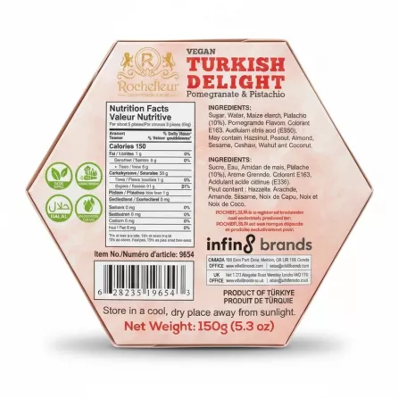 Rochefleur Vegan Turkish Delight Pomegranate & Pistachio back packaging with nutritional facts and ingredients